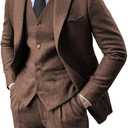 Men's 3 Pieces Suit Retro Slim Fit Suit Tweed Herringbone Business Suit Party Wedding Tuxedos with Blazer Vest Pants (Brown, Xsmall)