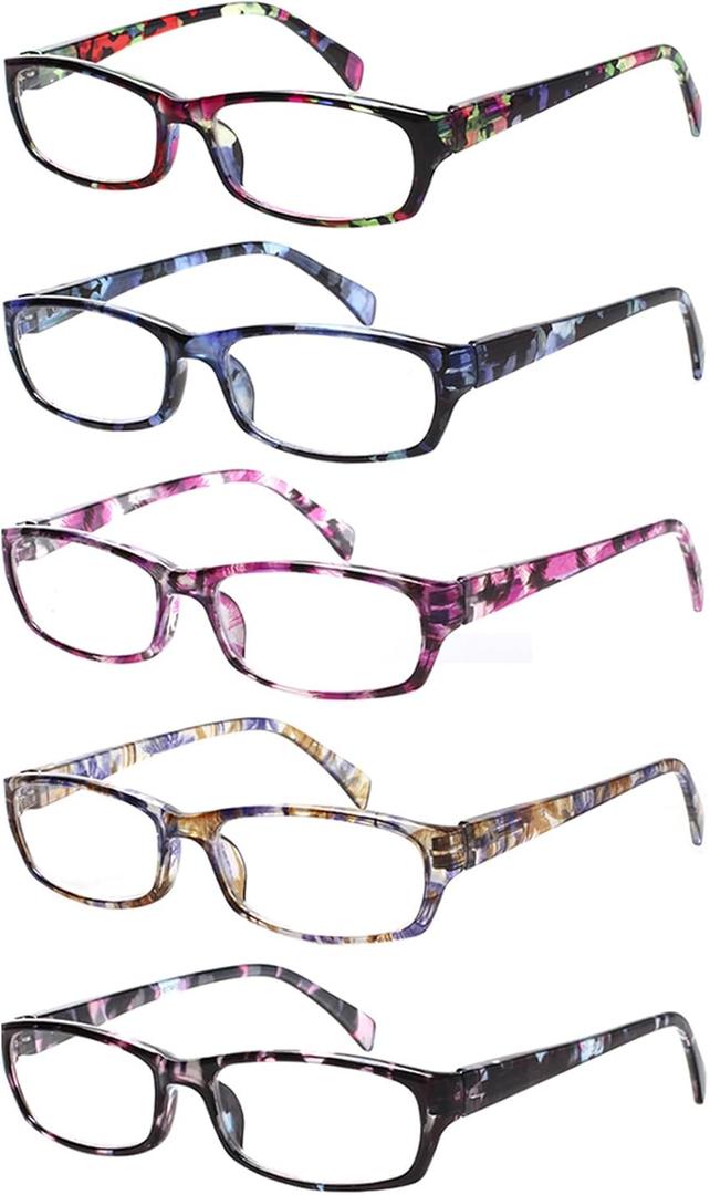 Kerecsen Reading Glasses 5 Pairs Fashion Ladies Readers Spring Hinge with Pattern Print Eyeglasses for Women (Mix Color -2, 1.75)