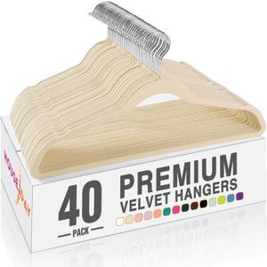 HOUSE DAY Beige Velvet Hangers 40 Pack, Non Slip Clothes Felt Hanger Heavy Duty for Coat, Premium Slim Space Saving Suit Hangers for Closet Organizer, 360 Rotating Silver Hook