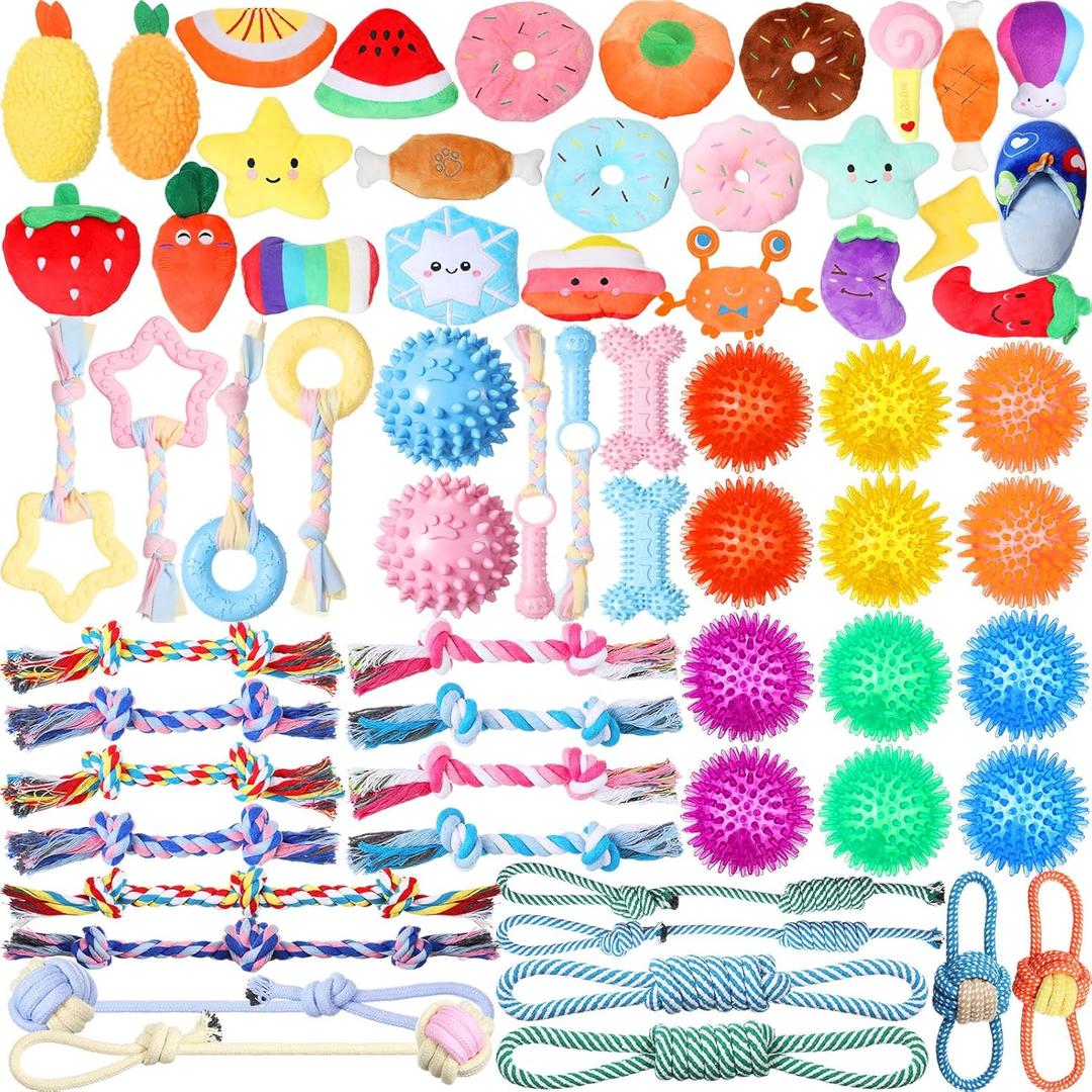 Syhood 60 Pcs Squeaky Dog Toys Bulk Stuffed Plush Chew Puppy Teething Rope Cute Spiky Chew Ball for Small Dog Pet Teething(Cute Style)