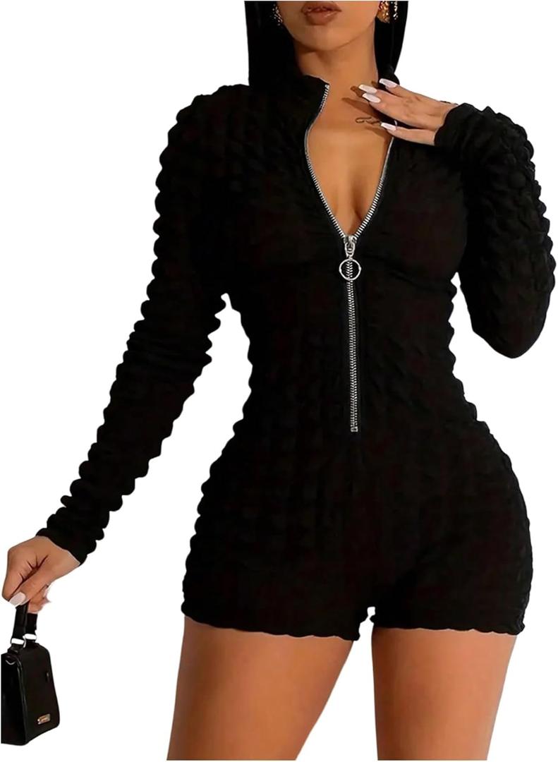 WDIRARA Women's Zip Up Bodycon Romper Textured Long Sleeve Unitards Shorts Jumpsuit (Black, M)