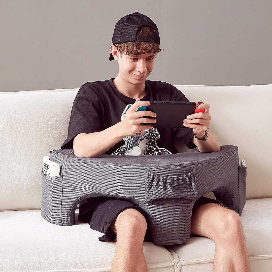 Lap Desk for Laptop with Cushion, Memory Foam Laptop Desk with Armrests, Laptop Stand with Extra Side Pockets, Portable Home Office Lap Desk for Bed Couch Floor(Grey)