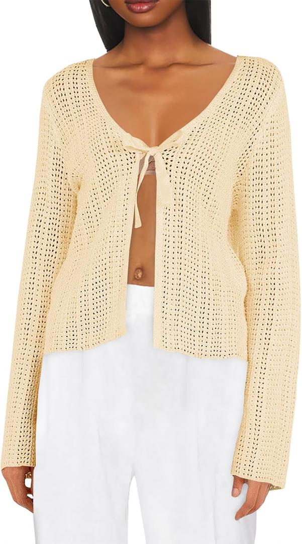 Saodimallsu Womens Summer Crochet Lightweight Cardigans Tie Front Mesh Knit Long Sleeve Casual V Neck Beach Cover Ups (Medium, Beige)