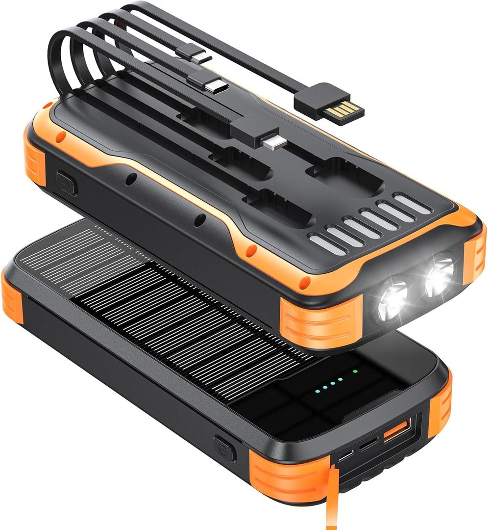Solar-Power-Bank-Charger, 40000mAh Portable Phone Charger Built in 4 Cables with USB C in/Output, PD 20W Fast Charging External Batter, External Battery Pack with Dual Bright Flashlights