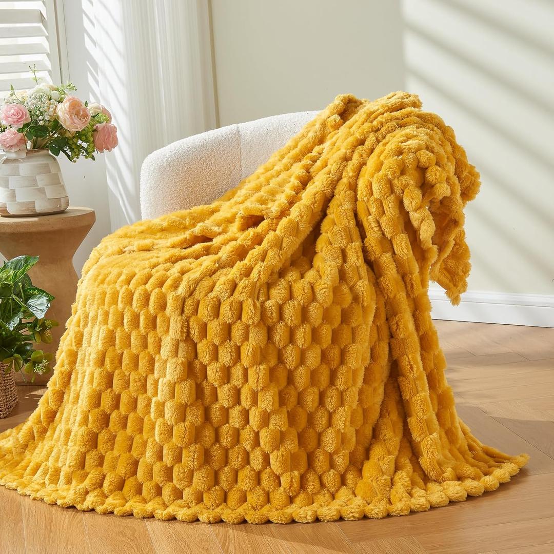 NEWCOSPLAY Super Soft Throw Blanket Mustard Yellow Premium Silky Flannel Fleece 3D Clouds Stylish Jacquard Lightweight Bed Blanket All Season Use 350GSM (Mustard Yellow, Throw (50"x60"))