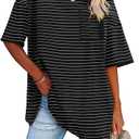 Fisoew Womens Oversized Tees Loose T Shirts Half Sleeve Crew Neck Color Block Cotton Tunic Tops L