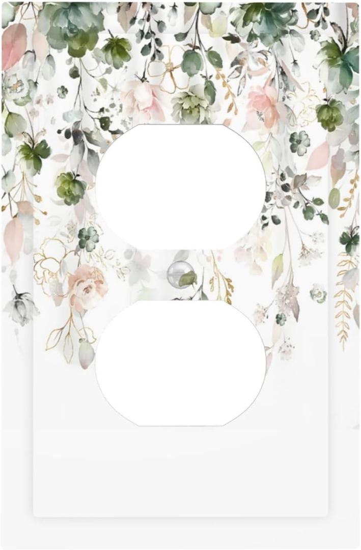 Green Pink Floral Flower Rustic Eucalyptus Leaves Wildflower Outlet Covers 1 Gang Duplex Light Switch Cover Decorative Switch Plates Electrical Receptacle Faceplate Wall Plate for Bedroom Living Room