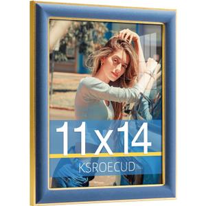Velvet Picture Frame, Navy Blue 11x14 Velvet Photo Frame with Vintage Gold Border, 11 by 14 Poster Frame with HD Real Glass Horizontal & Vertical Display for Tabletop and Wall Decor (1 Pack)