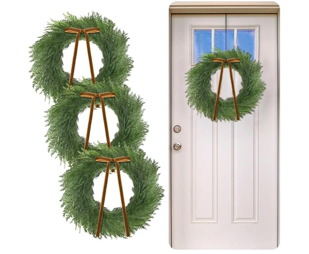 3 Pcs 20 Inch Christmas Cedar Wreath Artificial Greenery Wreath Winter Farmhouse Holiday Decoration with Khaki Ribbon Bow for Front Door Window Xmas Indoor Outdoor Home Decoration