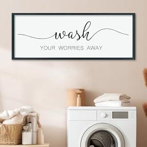LuZhiQiang Laundry Room Wash Your Worries Away Wall Decor 40"×15" Inspirational Quote Sign for Bathroom Relaxation Room Rustic Farmhouse Large Wooden Framed Wall Hanging Art (Black)