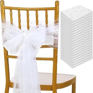 VitalCozy 50 Pcs White Pearls Chair Sashes Fabric Romantic Pearl Dining Chair Slipcovers Bows Ties for Wedding Bridal Shower Baby Shower Birthday Party Seat Decorations, 7 x 108 Inches