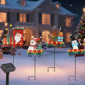 Lewondr 4 PCS Christmas Decorations Outdoor, 23" Solar Metal Train Garden Stakes, Xmas Yard Signs with Led Light, Waterproof Solar Garden Decor for Pathway Yard Lawn Patio