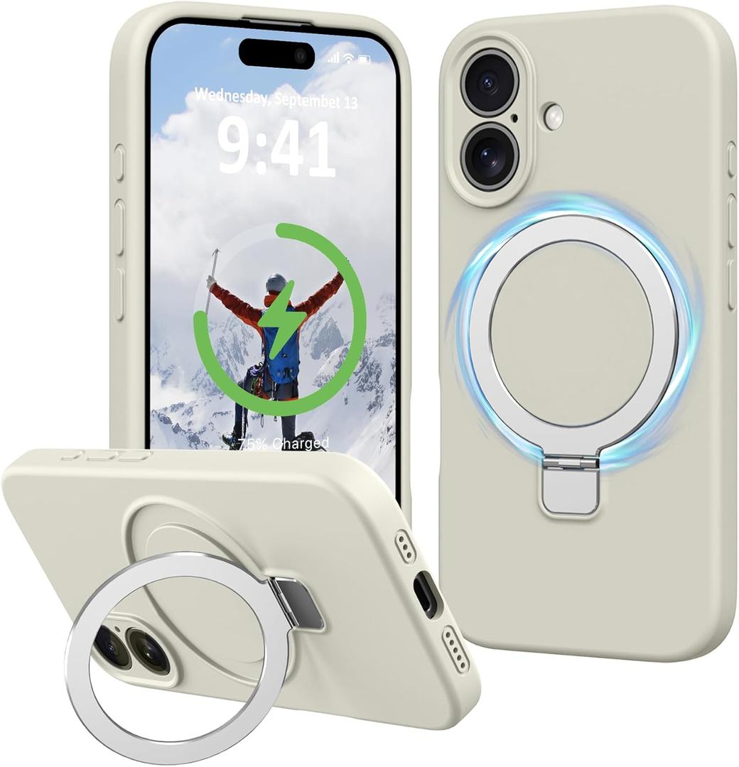 for iPhone 16 Case Stand, Slim Comfortable Liquid Silicone Phone Cases Compatible with MagSafe Magnetic Ring Kickstand Stand Case Full Camera Protection Fit for iPhone 16 6.1", White