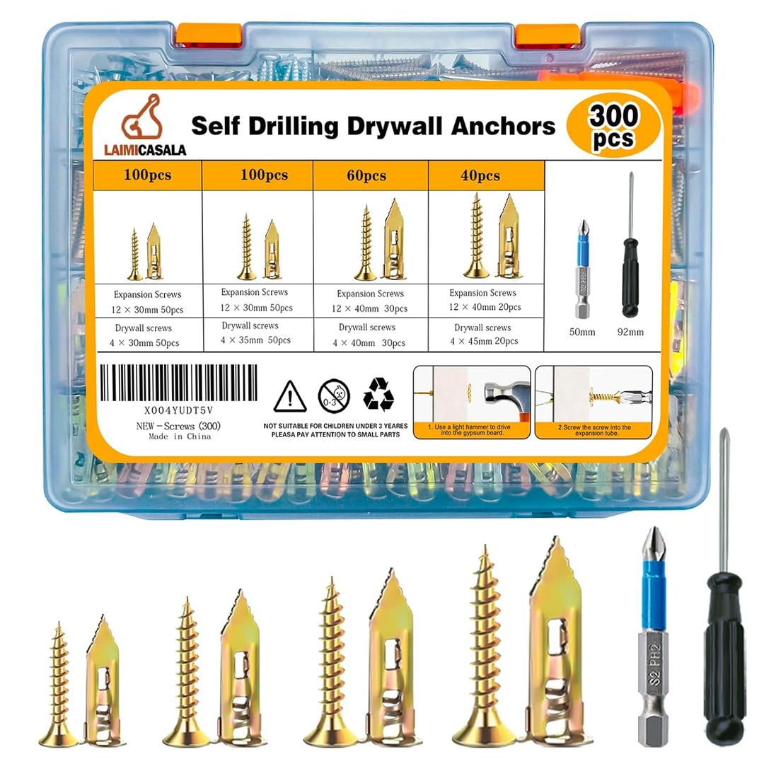 300PCS Self Drilling Drywall Anchors with Screws Kit, Wall Anchors for Drywall, Heavy Duty Metal Expansion Bolts, Sheetrock Anchors & Zinc Plated Steel Expansion Screws,No Drill Needed for Shelf, etc