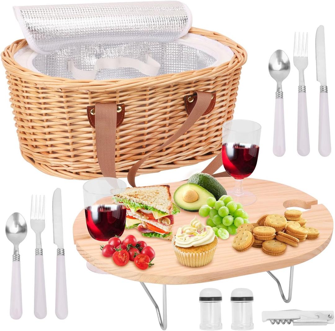 Geytetqi Wicker Picnic Basket Set for 2 Person with Mini Folding Table and Insulated Cooler Bag, Picnic Basket with Woven Handle Design & Tableware Accessories, Woven Oval Picnic Basket for Outdoor