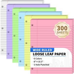 300 Sheets Loose Leaf Binder Paper, 6-Color Wide Ruled Lined Paper, 8 x 10.5, 3-Hole Punched Notebook Paper Writing Paper for School Office