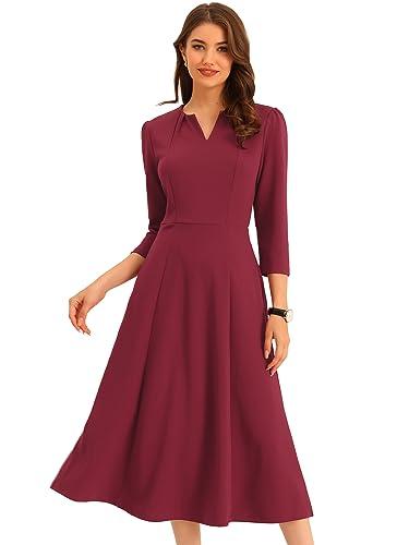 Allegra K Women's 3/4 Sleeve Dresses V Neck Elegant A-Line Work Business Formal Midi Dress with Pockets, Medium, Burgundy