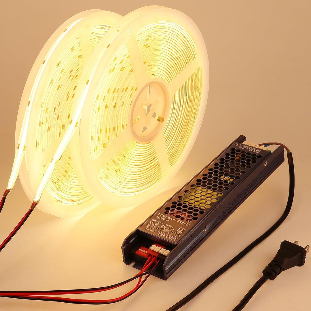 24V COB LED Strip Light Outdoor Waterproof 65.6ft (2 Rolls of 32.8ft), 3000K Warm White 11W/M 312LEDs/M CRI 93 LED Tape Light with Power Supply for Bedroom Courtyard Living Room Ceiling