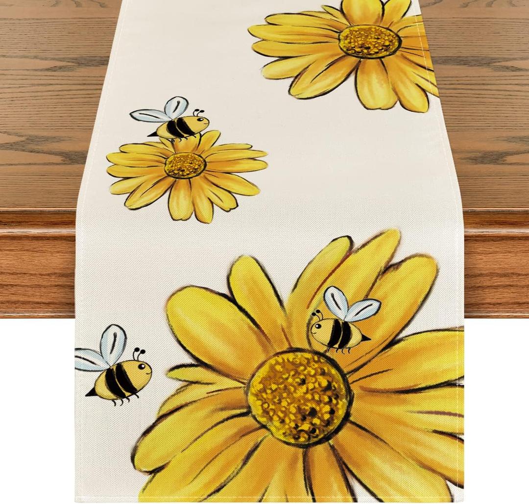 Artoid Mode Beige Bee Sunflower Summer Table Runner, Seasonal Spring Flowers Kitchen Dining Table Decoration for Home Party Decor 13 x 90 Inch