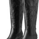 Erocalli White Cowgirl Boot Cowboy Boots for Women Embroidered Pull-On Chunky Stacked Heel Knee High Western Boots, (W9, Black)