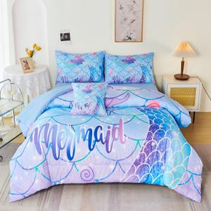 URBONUR 6Pcs Gradient Mermaid Bedding Set Twin Size Colorful Scales Light Blue Purple Comforter with Sheet Set Lightweight Kids Girls Bed in a Bag