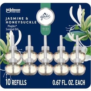 Glade PlugIns Refills Air Freshener, Jasmine & Honeysuckle, Scented and Essential Oils for Home and Bathroom, 0.67 Fl Oz, 10 Count