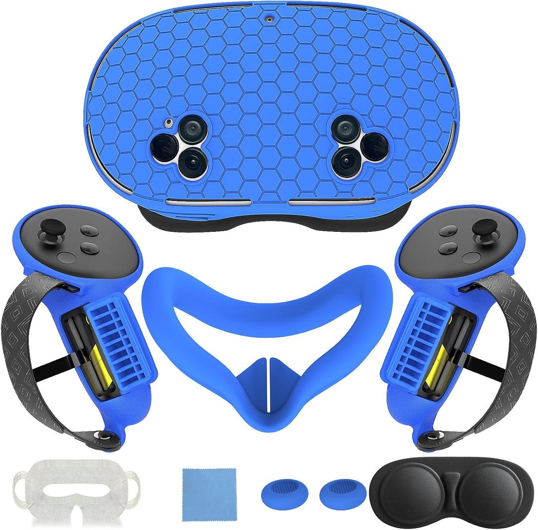 7 in 1 Silicone Cover Set Compatible with Meta Quest 3S, VR Accessories for Oculus/Meta Quest 3S Skins and Wraps, Includes Controller Grips Cover, Face Cover, Lens Protector Cover, Honeycomb Blue