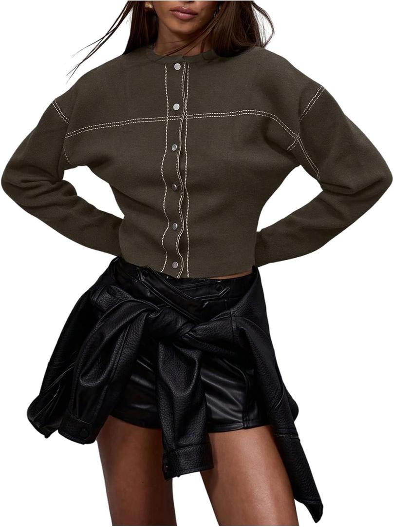 Women's Stitch Knit Button Down Cardigans Cropped Sweaters Crew Neck Long Sleeve Cardigan (Chocolate Brown, Small)