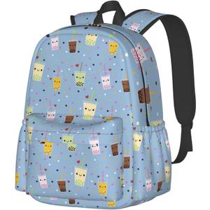 Cute Boba Bubble Tea Print Kids Backpack, Lightweight Girls School Bookbag with Front Pocket and Side Pockets for School and Daily Use, One Size