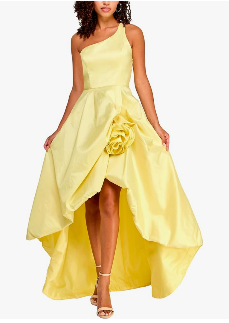 Womens One Shoulder Taffeta High Low Rosette Gown
5/6