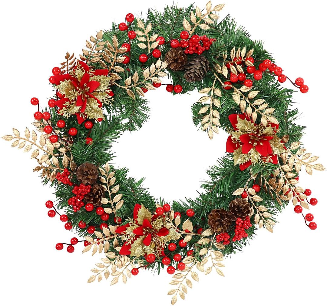Christmas Wreaths for Front Door Outside Decor, 22" Golden Leaves PineCones Red Berries Poinsettia Winter Artificial Wreath Decorations for Xmas Holiday Home Door Wall Window Fireplace Indoor Porch