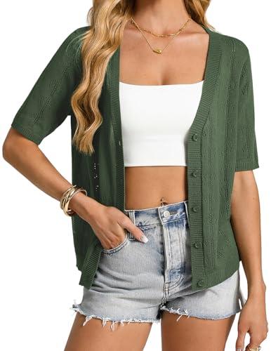 GRACE KARIN Women's Short Sleeve V Neck Cardigan Sweaters 2026 Open Front Knit Crochet Button Bolero Shrugs Tops Green, Size: S