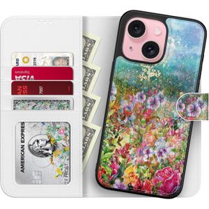 for iPhone 14 Plus Wallet Case,Detachable Flip Folio Cover RFID Blocking 4 Card Slots Holder Premium PU Leather Magnetic Kickstand Protective Phone Case 6.7" Nice Flower Garden