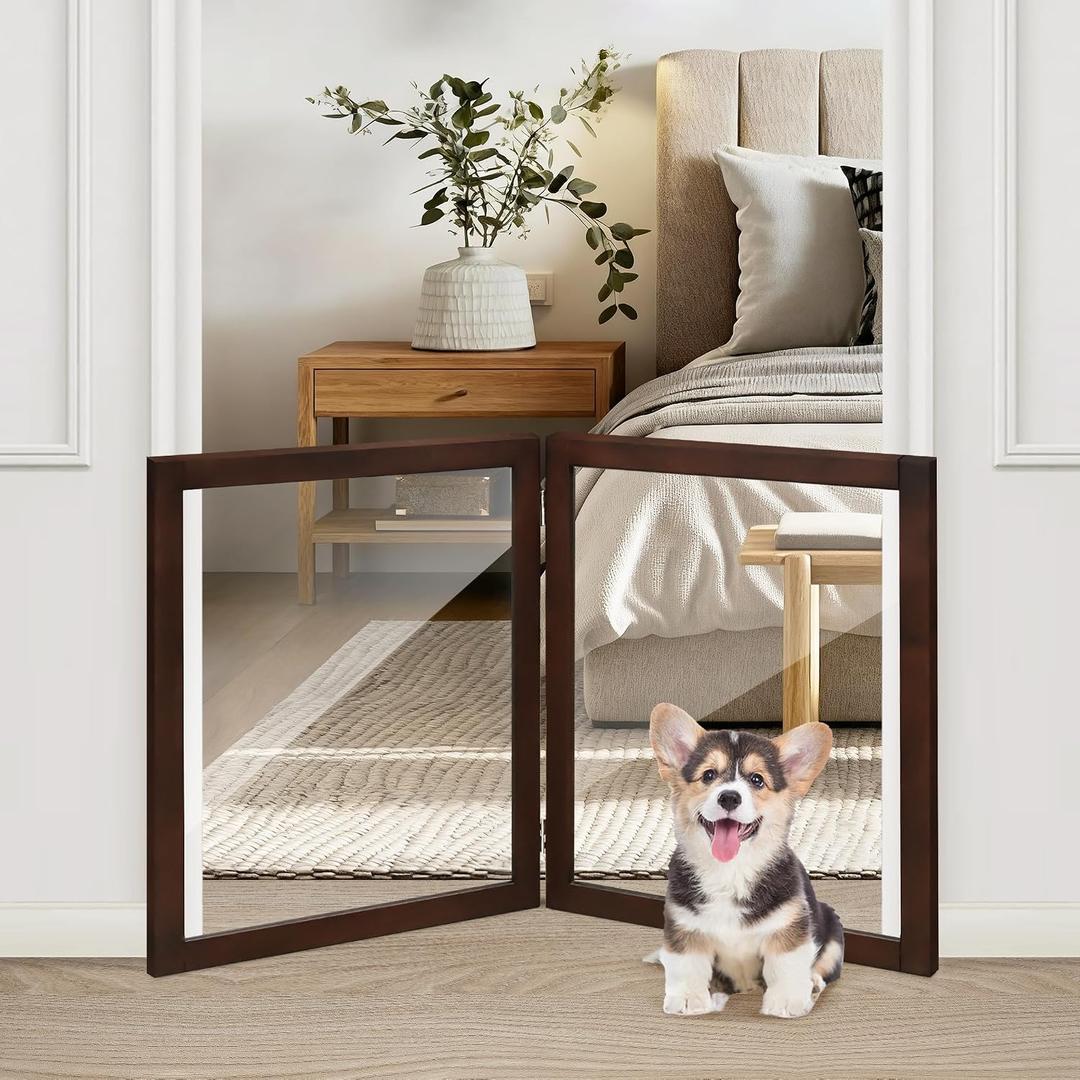 LZRS Clear Dog Gate for Indoor Use - Transparent Pet Fence with Solid Hardwood and Plastic Board, Stylish & Durable freestanding Pet Gate for Doorways, Stairs and Hallways-2 Panel Brown