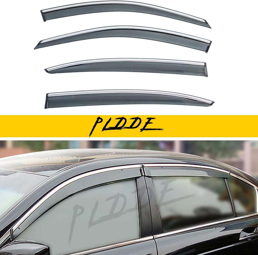 Window Visors Compatible with 2008-2012 Accord Sedan 4-Door Smoke Tint with Chrome Trim Outside Mount Tape On/Clip On Style PVC Wind Sun Rain Guard Vent Deflector
