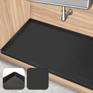 Under Sink Mat 34" x 22", Extra Thick Waterproof Silicone Liner, Cabinet Protector Tray Organizer for Kitchen (Black)