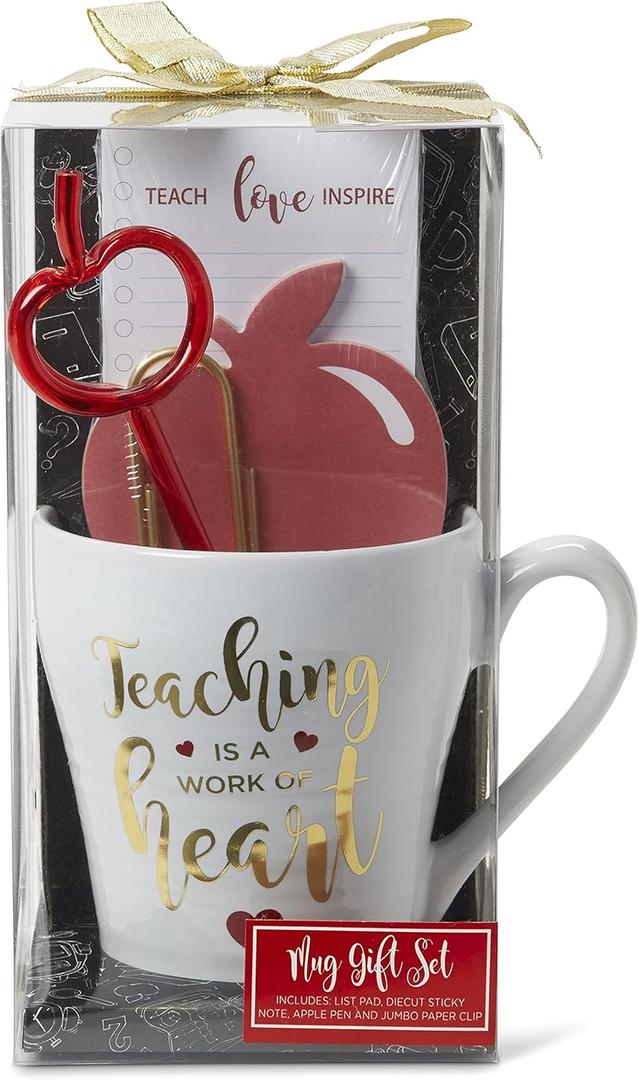 VOTUM Teacher Appreciation Gift for Women or Men - Bundle Includes Mug, Writing Pad, Apple-Shaped Pen and Sticky Notes, Jumbo Gold Paper Clip - Heart Coffee Cup - Teacher Appreciation Week Thank You