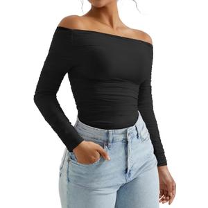 OMKAGI Women Long Sleeve Tops Boat Neck Off Shoulder Shirts Fitted Going Out Y2K Crop Top (Black, XS)
