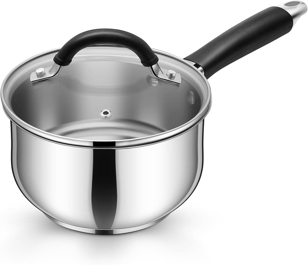 P&P CHEF 2 Quart Sauce Pan with Lid, Stainless Steel Saucepan, Small Milk Pot for Multipurpose Cooking, Visible Glass Lid & Stay-cool Silicone Handle & Tri-Ply Base, For All Stoves & Dishwasher Use
