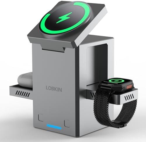 LOBKIN 3 in 1 Wireless Charging Station for Apple Multiple Devices, 15W Fast Foldable Magnetic Charger Stand for iPhone 16 15 14 13 12 Pro Max, Apple Watch Series 10/9/8/Ultra