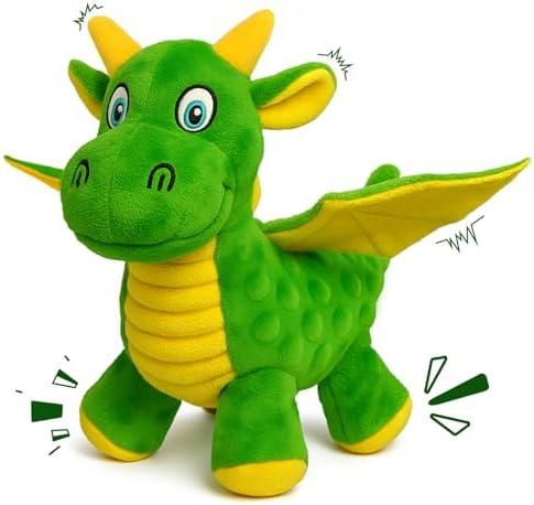 BBeary Squeaky Dog Toys - Soft Plush Dragon Dog Toy with 5 Squeakers & Crinkle Paper, Dog Toys for Small, Medium and Large Dogs to Keep Them Busy (Green,10")