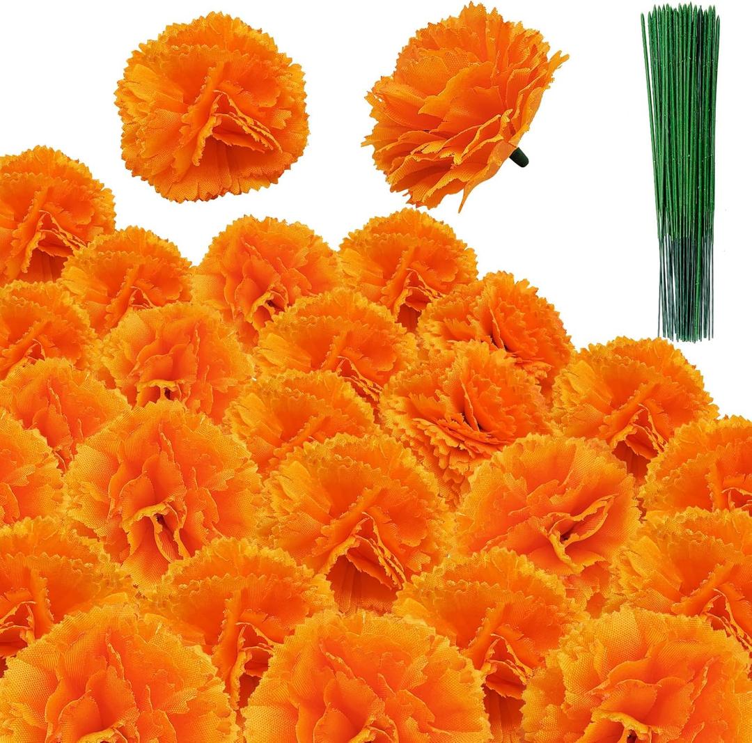 Marigold Flowers Artificial - 120 Premium Silk Flower Heads with 30 Stems for Diwali Decor, Day of The Dead Altar, Handmade Garland Making (2" Blooms, Reusable) (Orange 120)
