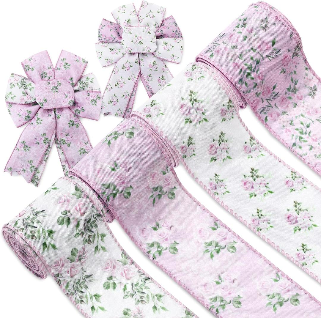 Vintage Floral Wired Edge Ribbon Purple Rose Flower Ribbon Retro Spring Fabric Ribbon for Wreath Bow Making DIY Crafts Wrapping, 4 Rolls, 24 Yard