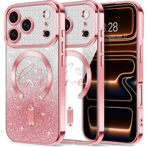 Hython for iPhone 17 Pro Case Glitter, Compatible with MagSafe Love Heart Magnetic Clear Phone Cases for Women Girls, Full Camera Protection Sparkle Plating Shockproof Protective Cover, Pink