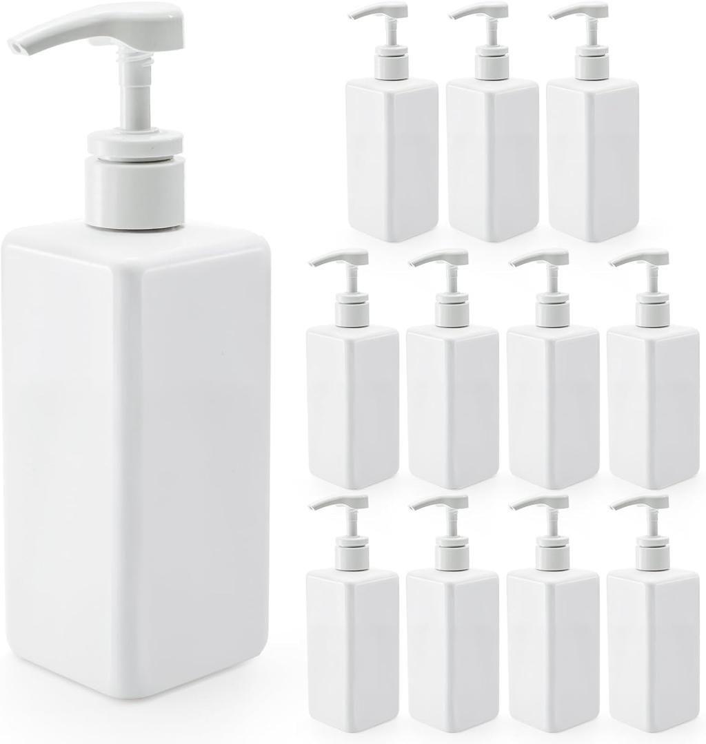 Okllen 12 Pack 16 Oz Plastic Pump Bottles, Empty Refillable Container Liquid Soap Dispenser for Shampoo, Lotion, Cleaning Products, Kitchen, Bathroom, White Square