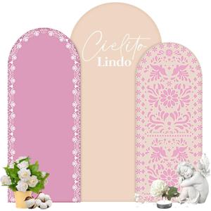 Chunful 3 Pcs Mexican Arch Backdrop Cover Baby Shower Photo Background Decor 2-Sided Round Top Lovely Backdrop Arch Cover for Mexican Wedding Birthday Party Decoration 6 ft/5 ft/4 ft (Brown-Pink)