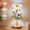 Dried Flowers Table Lamp, 7w Led 3-Color Pressed Floral Beside Lamp,Cute Vintage Linen Shade Desk Lamp for Bedroom Office with Wood Base