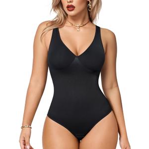 Nebility Shapewear Bodysuit for Women - Tummy Control Body Suits V Neck Body Shaper Sculpting Snatched Waist Trainer (Medium, Black)