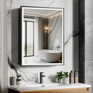 24x30 Inch Lighted Medicine Cabinet Black Aluminum Frame 3-Color Dimmable LED Anti-Fog Mirror Surface & Recessed Mount for Bathroom Hotel Apartment Dressing Room Entryway