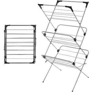 Premium Quality, Alloy Steel 3 Tier Clothes Airer Dryer Laundry Drying Washing Line Horse Indoor Outdoor Towel Rack-15m Drying Space- Non-Slip Feet and Corner Spaces for Hangers - Black & Grey